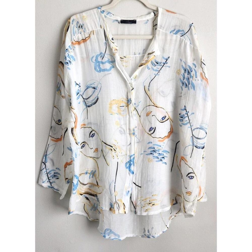 Abstract Face Print Button-Front Blouse - White/Blue
